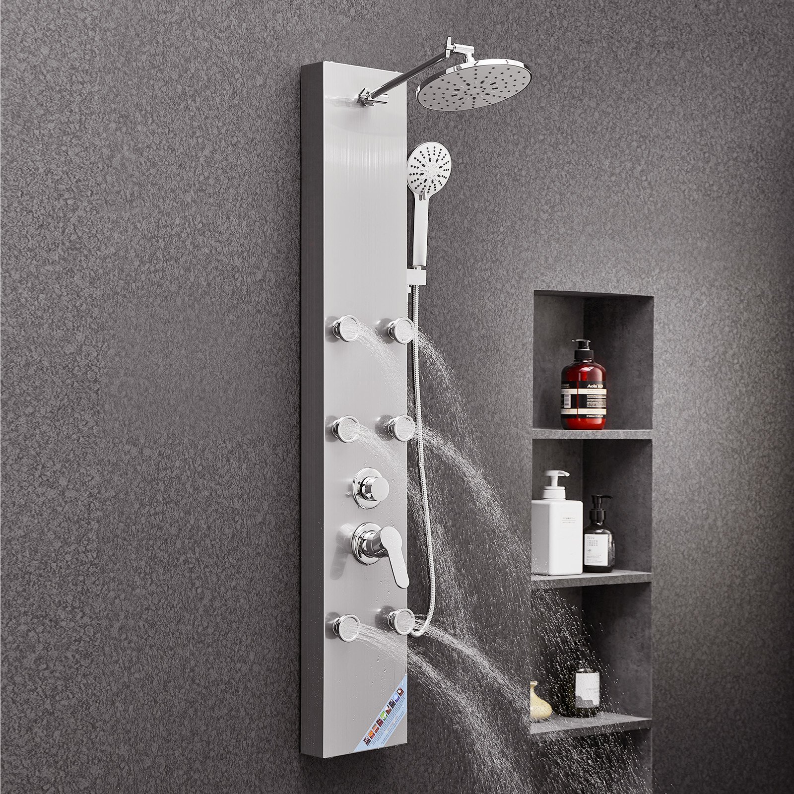 VEVOR Shower Panel Tower System with Rainfall Shower Head, 49 in Brushed Stainless Steel Shower Column, 3-Function Faucet, High Pressure Wall-Mount Rain Massage System with 6 Body Jets and Handheld
