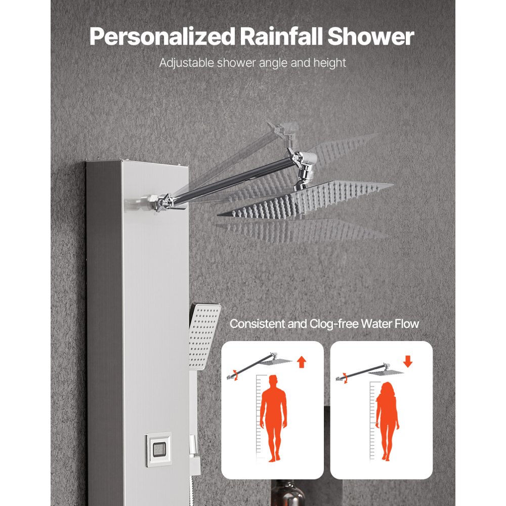 VEVOR Shower Panel Tower System with Rainfall Shower Head, LED, 49 in Brushed Stainless Steel Shower Column, 4-Function Faucet, Wall-Mount Rain Massage System with 6 Body Jets, Handheld, and Tub Spout
