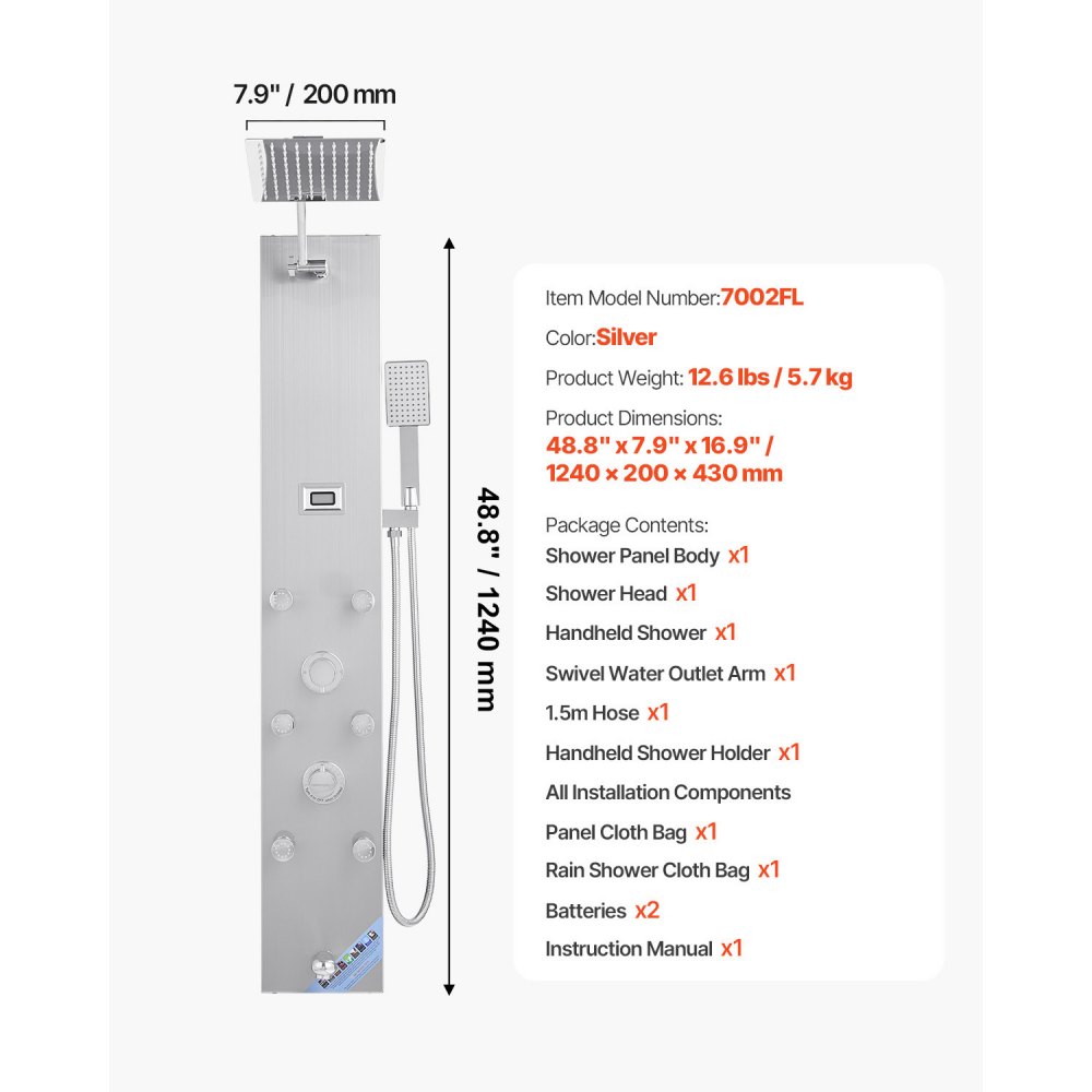 VEVOR Shower Panel Tower System with Rainfall Shower Head, LED, 49 in Brushed Stainless Steel Shower Column, 4-Function Faucet, Wall-Mount Rain Massage System with 6 Body Jets, Handheld, and Tub Spout