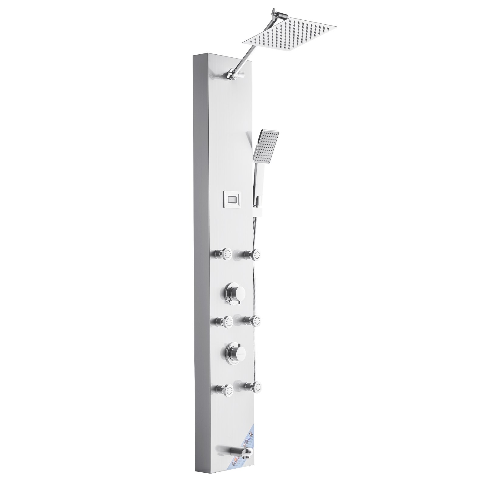 VEVOR Shower Panel Tower System with Rainfall Shower Head, LED, 49 in Brushed Stainless Steel Shower Column, 4-Function Faucet, Wall-Mount Rain Massage System with 6 Body Jets, Handheld, and Tub Spout