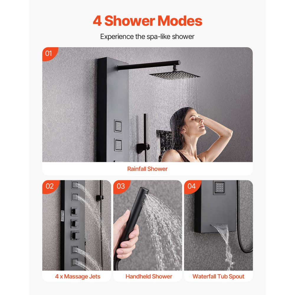 VEVOR Shower Panel Tower System with Rainfall Shower Head, 49 in Brushed Stainless Steel Shower Column, 4-Function Faucet, Wall-Mount Rain Massage System, with 4 Body Jets,  Handheld, and Tub Spout