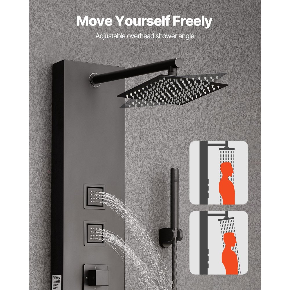 VEVOR Shower Panel Tower System with Rainfall Shower Head, 49 in Brushed Stainless Steel Shower Column, 4-Function Faucet, Wall-Mount Rain Massage System, with 4 Body Jets,  Handheld, and Tub Spout