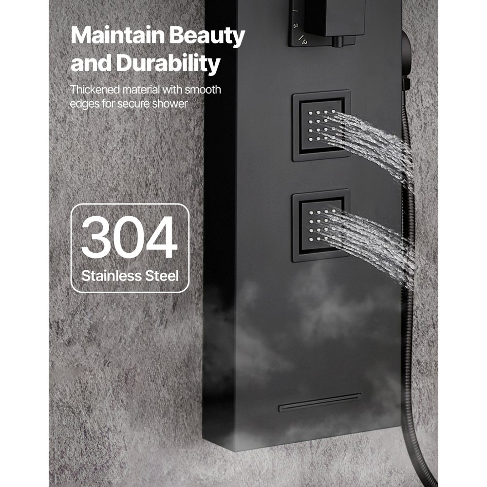 VEVOR Shower Panel Tower System with Rainfall Shower Head, 49 in Brushed Stainless Steel Shower Column, 4-Function Faucet, Wall-Mount Rain Massage System, with 4 Body Jets,  Handheld, and Tub Spout