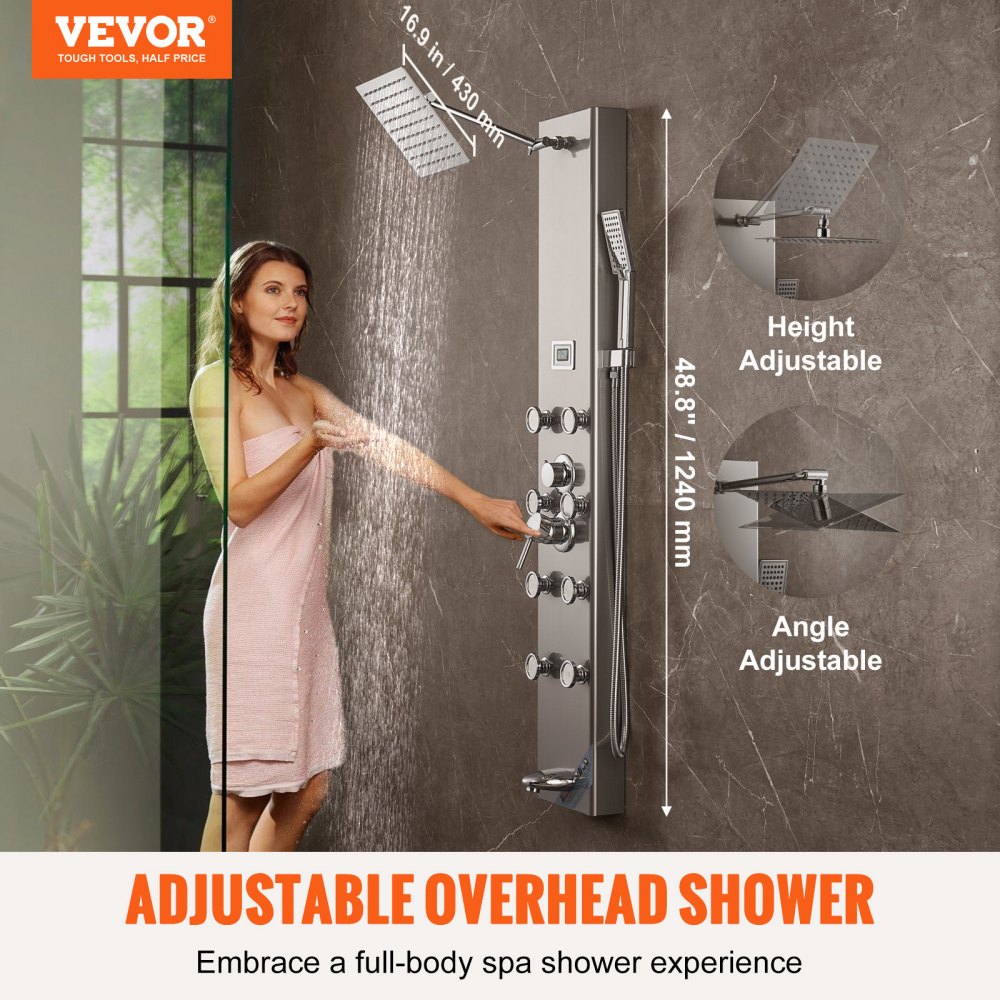 VEVOR Shower Panel System, 6 Shower Modes, Digital Display Shower Panel Tower, Rainfall, 8 Massage Jets, Tub Spout, 3-Setting Handheld Shower Head 59" Hose, Stainless Steel Wall-Mounted Shower Set