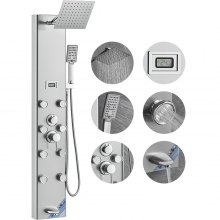 VEVOR Shower Panel System, 6 Shower Modes, Digital Display Shower Panel Tower, Rainfall, 8 Massage Jets, Tub Spout, 3-Setting Handheld Shower Head 59" Hose, Stainless Steel Wall-Mounted Shower Set