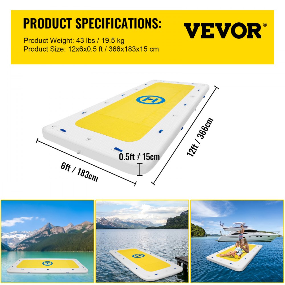 VEVOR Inflatable Dock Floating Platform, 12 x 6 ft, 3-5 Person Capacity, 6 inches Thick, Swim Dock with Hand Pump, Electric Air Pump & Storage Bag, Drop Stitch PVC Non-Slip Raft for Pool Beach Ocean