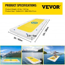 VEVOR Inflatable Dock Floating Platform, 12 x 6 ft, 3-5 Person Capacity, 6 inches Thick, Swim Dock with Hand Pump, Electric Air Pump & Storage Bag, Drop Stitch PVC Non-Slip Raft for Pool Beach Ocean