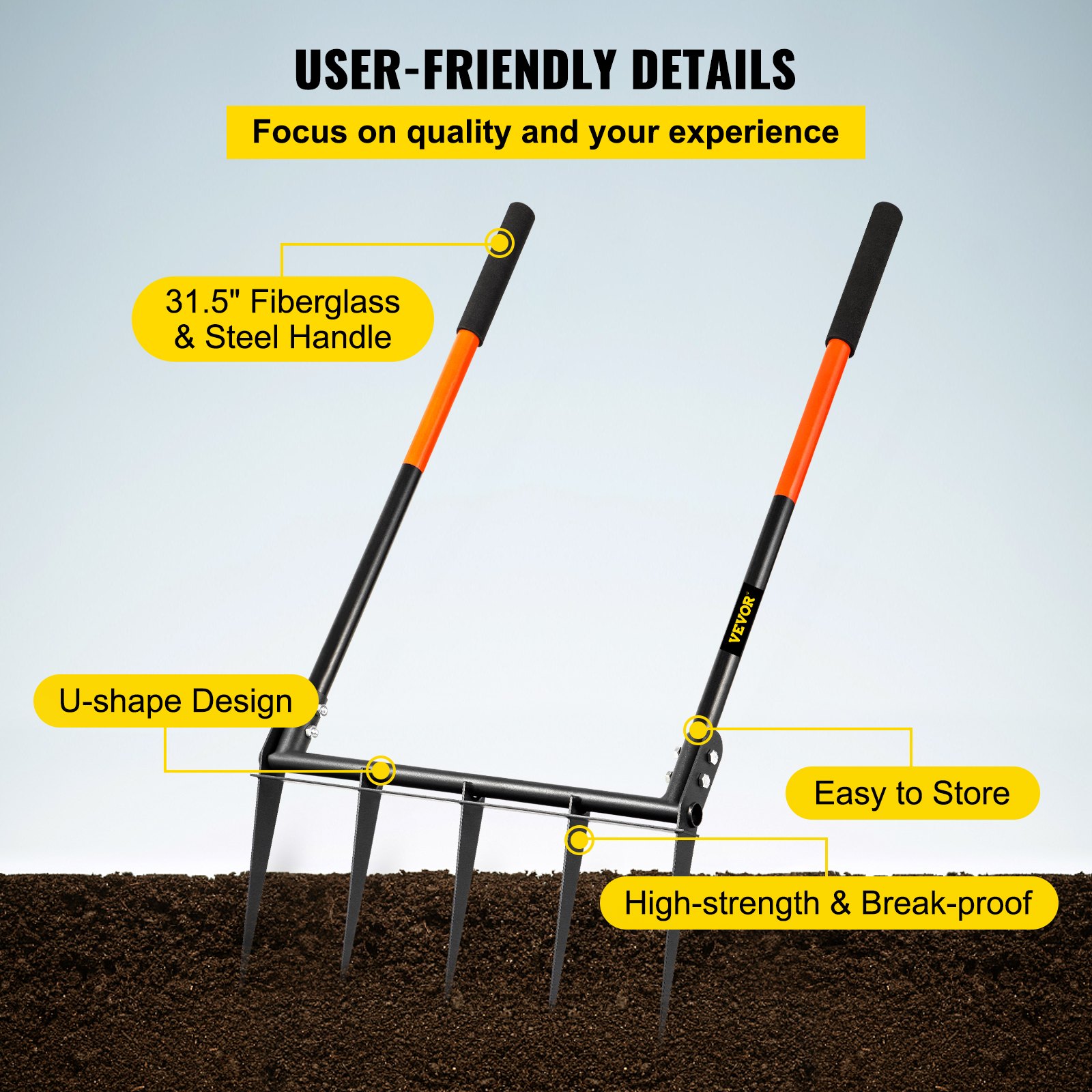 VEVOR Broad Fork Tool, 5 Tines 20 in Wide, Garden Tool with Fiberglass Handle for Gardening and Cultivating, Aerate Clay Soil for Farm