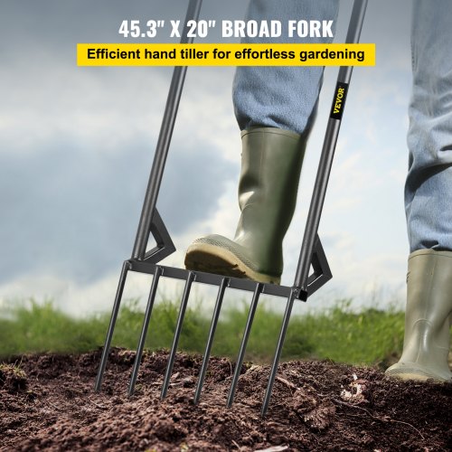 VEVOR Broad Fork Tool, 6 Tines 20 in Wide Hand Tiller Broadfork, U-Shape Garden Tool with Fiberglass Handle for Gardening and Cultivating, Aerate Clay Soil for Farm