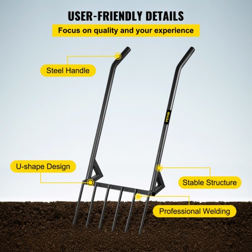 VEVOR Broad Fork Tool, 6 Tines 20 in Wide Hand Tiller Broadfork, U-Shape Garden Tool with Fiberglass Handle for Gardening and Cultivating, Aerate Clay Soil for Farm