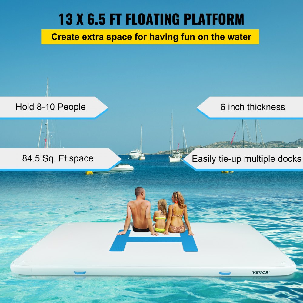 VEVOR 13’x6.5’x6” Inflatable Dock Platform, 8 to 10 Person Inflatable Floating Dock, Floating Platform with Electric Air Pump & Hand Pump for Pool Beach Ocean Lake Float for Adults