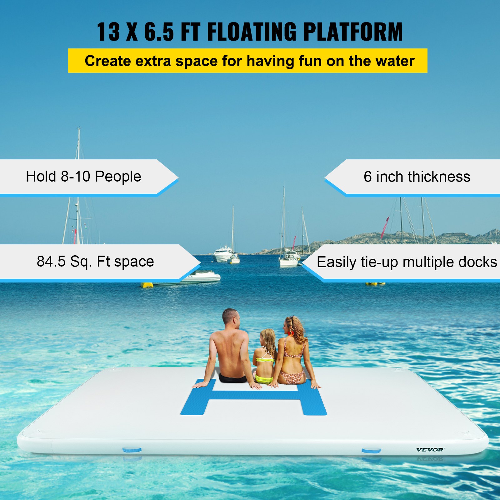 VEVOR 13’x6.5’x6” Inflatable Dock Platform, 8 to 10 Person Inflatable Floating Dock, Floating Platform with Electric Air Pump & Hand Pump for Pool Beach Ocean Lake Float for Adults