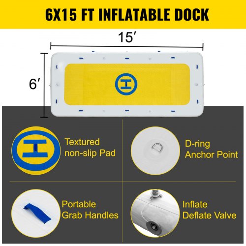 VEVOR Inflatable Dock Platform 15’x6’x6” Inflatable Dock, 10- to 12-Person Inflatable Floating Dock, Floating Platform with Electric Air Pump & Hand Pump for Pool Beach Ocean Lake Float for Adults