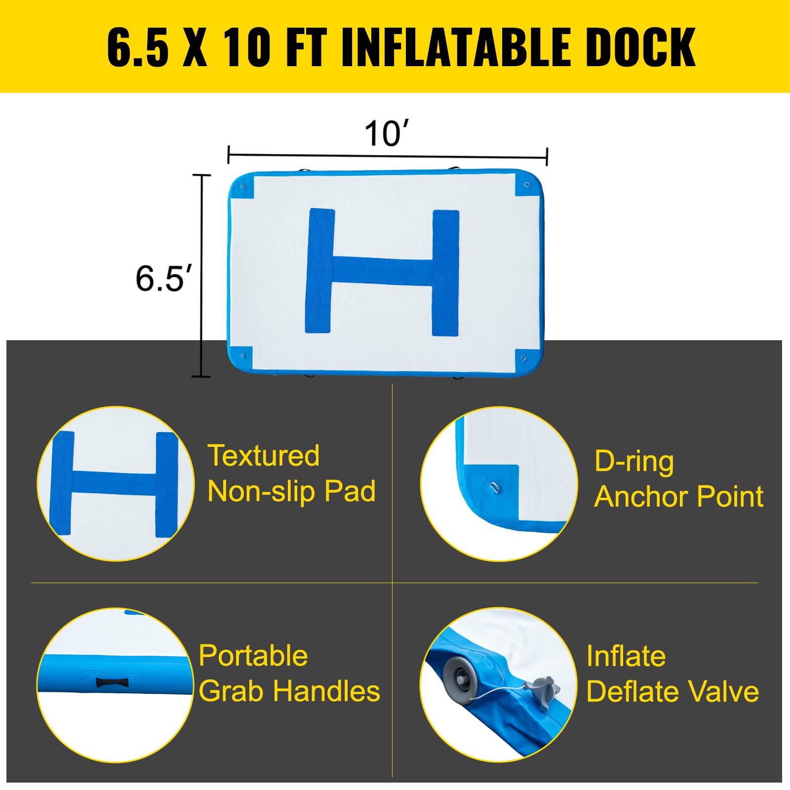 Vevor Inflatable Dock Platform Inflatable Dock 10'x6.5'x6" Floating Dock W/ Pump