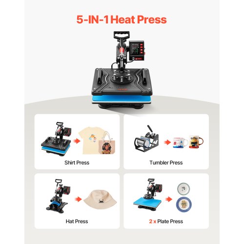 VEVOR Heat Press, 5 in 1 Heat Press Machine Machine 12x15, Clamshell Sublimation Transfer Printer Fast Heat-up, Digital Precise Temperature Control, Vinyl Heat Press for T-Shirt Plate Mug Cup, 900W