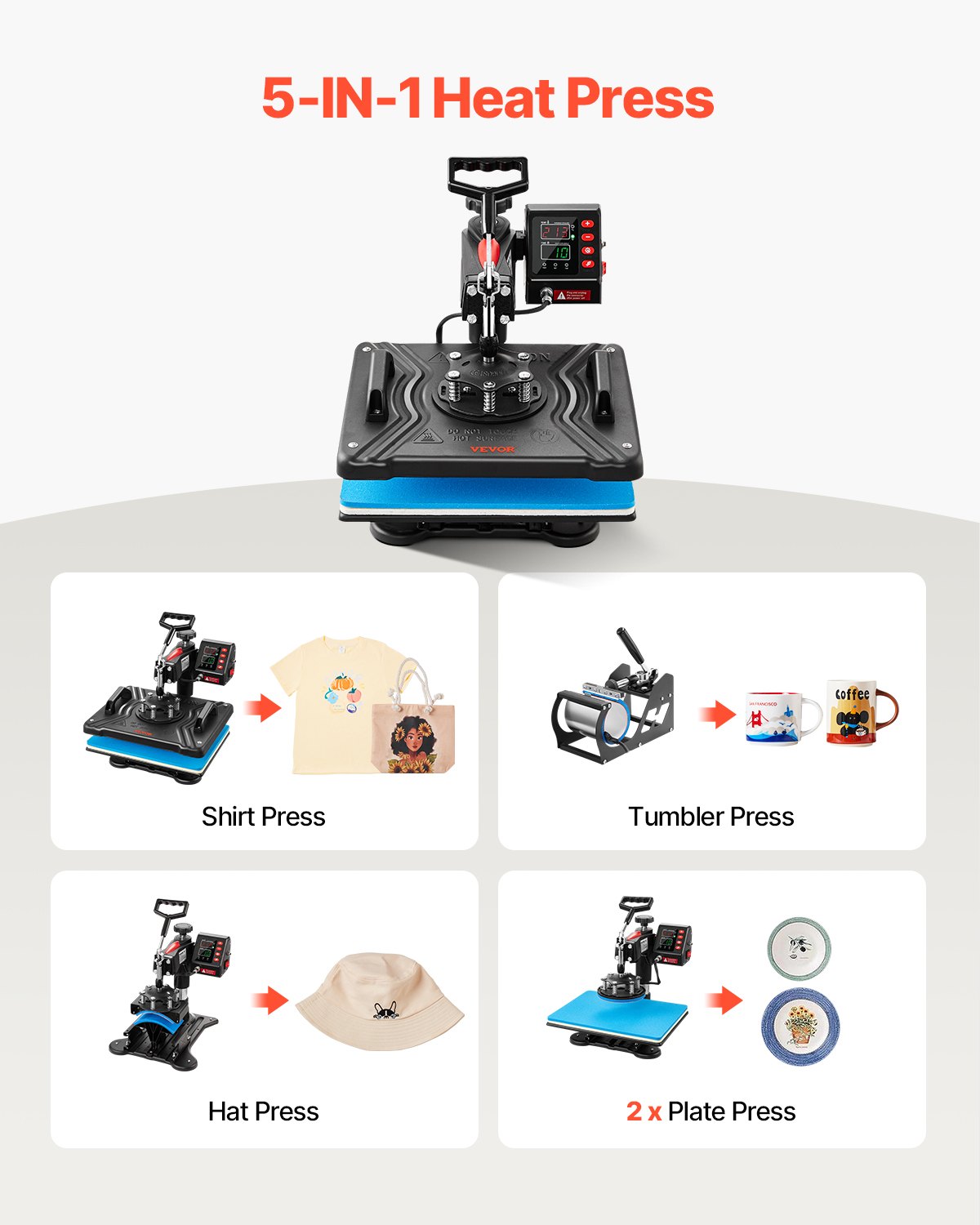 VEVOR Heat Press, 5 in 1 Heat Press 12x15 Machine Machine, Digital Precise Temperature Control, Clamshell Sublimation Transfer Printer Fast Heat-up, Vinyl Heat Press for Mug Cup T-Shirt Plate, 900W