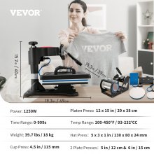 VEVOR Heat Press, 5 σε 1 Heat Press Machine 12x15, εκτυπωτής μεταφοράς εξάχνωσης Clamshell, γρήγορη θέρμανση, ψηφιακός ακριβής έλεγχος θερμοκρασίας, βινυλίου θερμότητας για T-Shirt Plate Mug Cup, 1250W