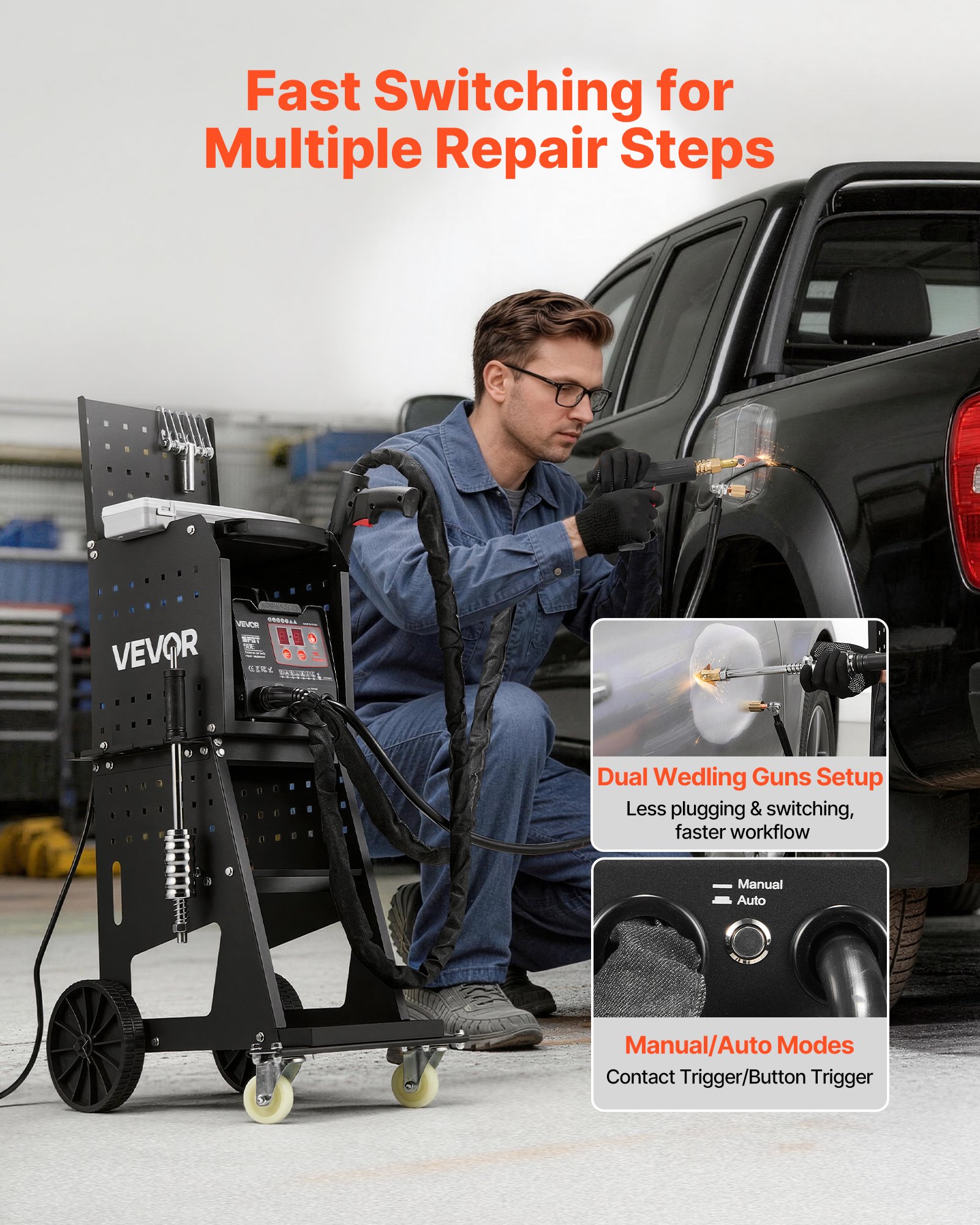 VEVOR Stud Welder Dent Repair Kit & Welding Cart, 3KW Spot Welder with 2 Welding Guns and 7 Modes, Auto Body Spot Welding Dent Repair Machine for Steel Panel Repair