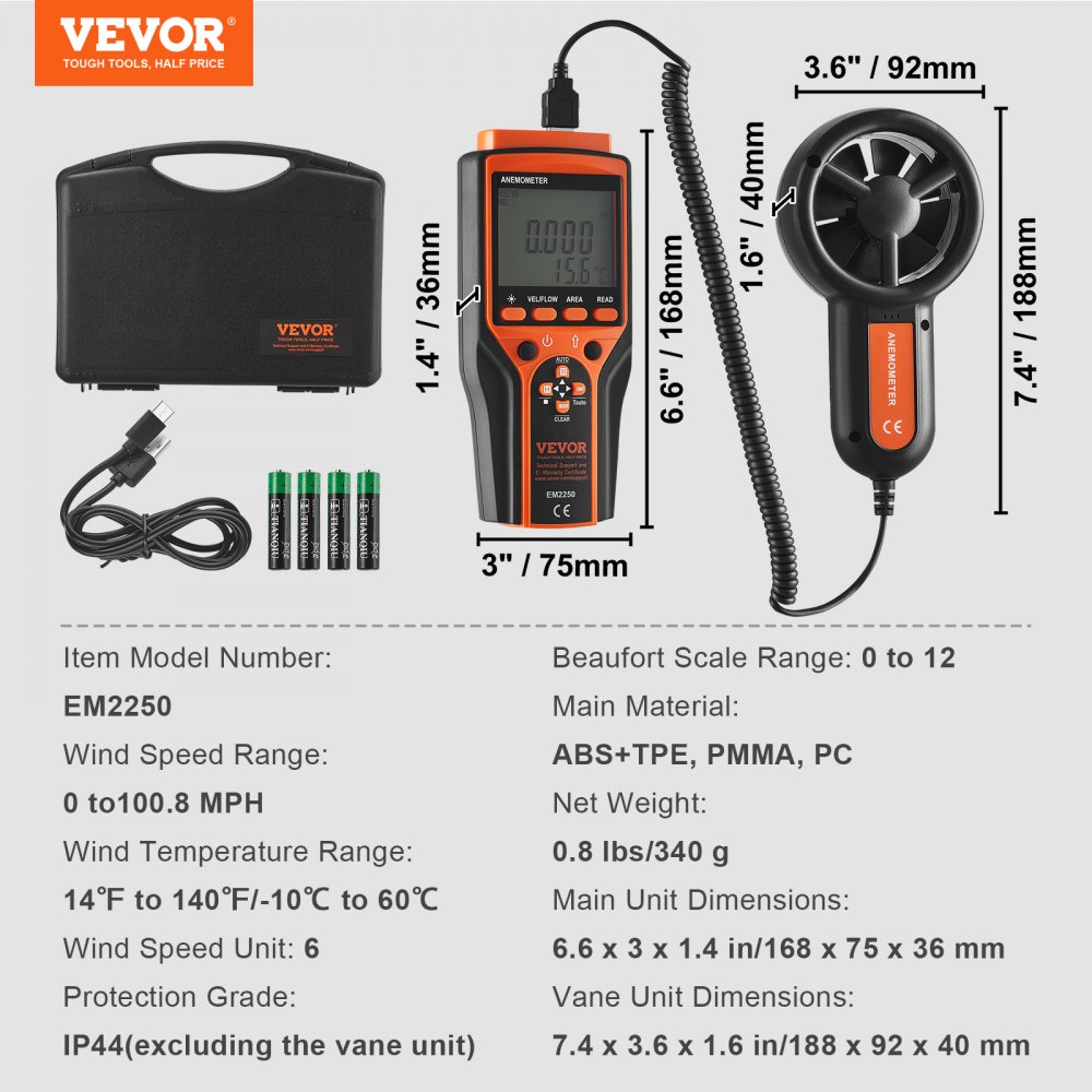 VEVOR Split Handheld Anemometer, 14℉-140℉, Digital Wind Speed CFM Meter Gauge with LED Backlight Screen, Measures Wind Velocity Wind Temperature Air Flow Wind Chill, for Sailing Surfing Flying HVAC