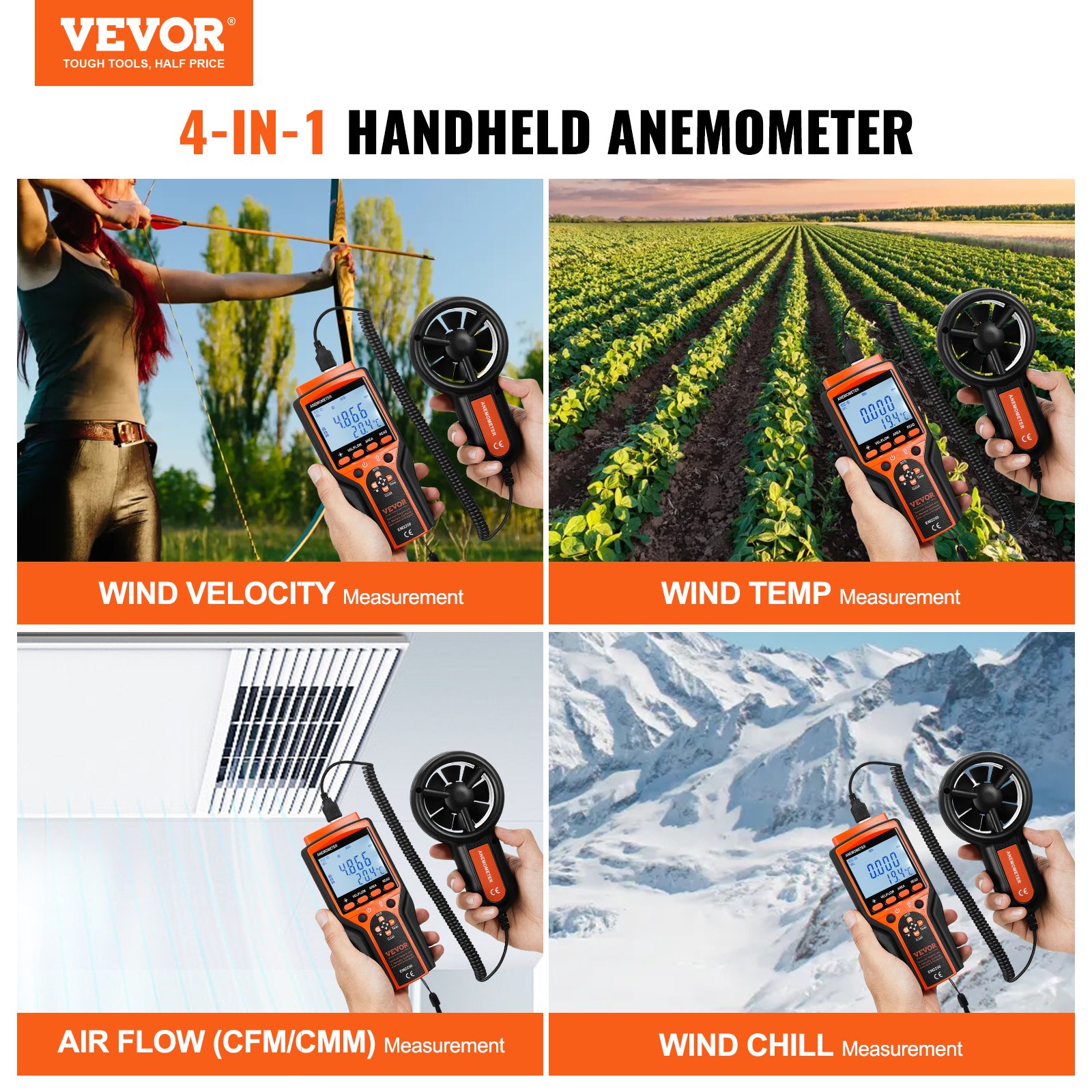 VEVOR Split Handheld Anemometer, -10℃ to 60℃, Digital Wind Speed CFM Meter Gauge with LED Backlight Screen, Measures Wind Velocity Wind Temperature Air Flow Wind Chill, for Sailing Surfing Flying HVAC