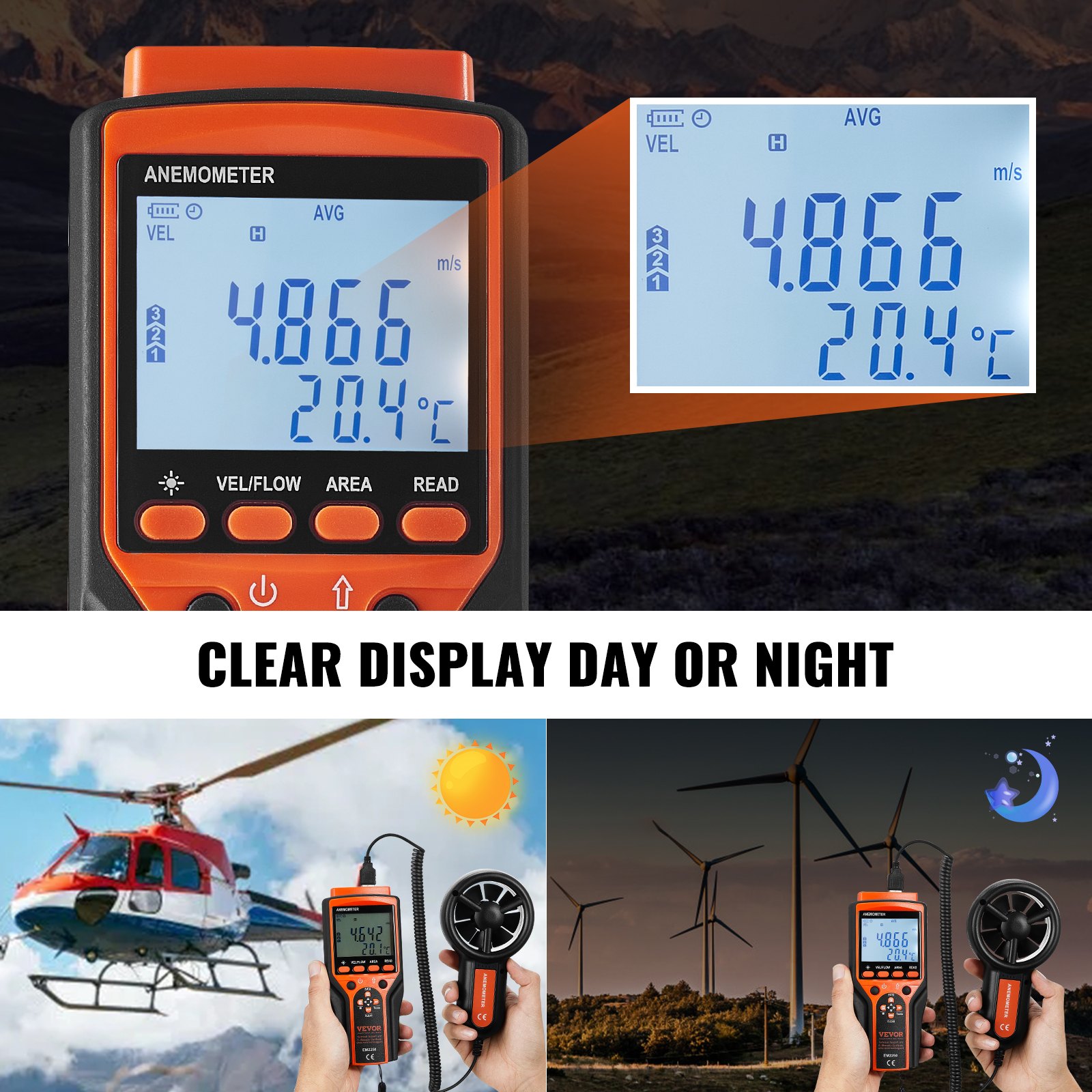 VEVOR Split Handheld Anemometer, 14℉-140℉, Digital Wind Speed CFM Meter Gauge with LED Backlight Screen, Measures Wind Velocity Wind Temperature Air Flow Wind Chill, for Sailing Surfing Flying HVAC