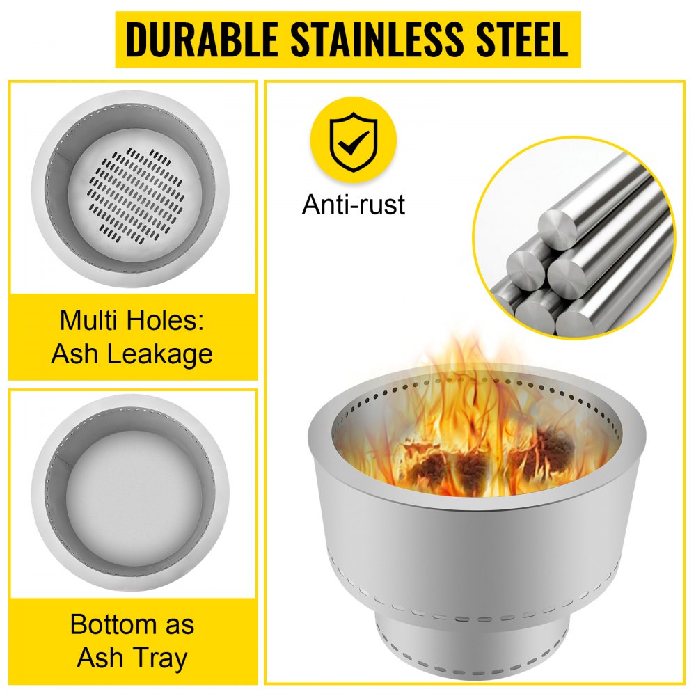 VEVOR Hoguera sin humo, estufa de acero inoxidable, hoguera grande de 20 pulgadas de diámetro para quemar madera, estufa al aire libre, hoguera, hoguera portátil sin humo para picnic, camping, patio trasero, color plateado