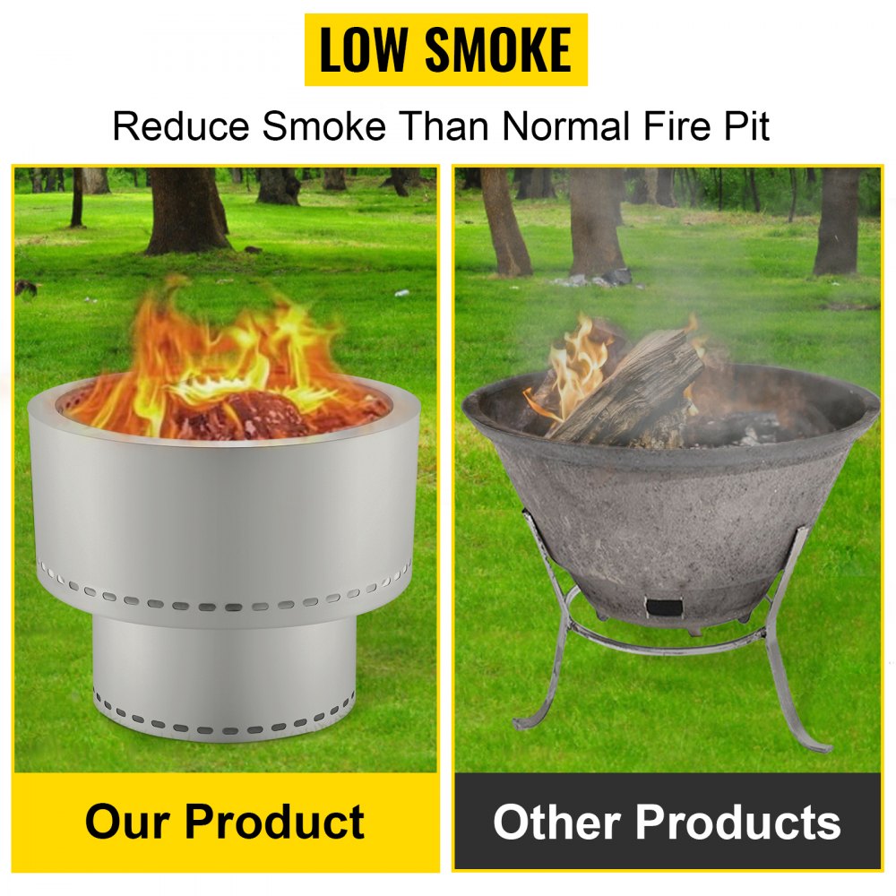 VEVOR Hoguera sin humo, estufa de acero inoxidable, hoguera grande de 20 pulgadas de diámetro para quemar madera, estufa al aire libre, hoguera, hoguera portátil sin humo para picnic, camping, patio trasero, color plateado