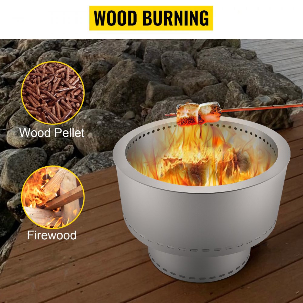 VEVOR Hoguera sin humo, estufa de acero inoxidable, hoguera grande de 20 pulgadas de diámetro para quemar madera, estufa al aire libre, hoguera, hoguera portátil sin humo para picnic, camping, patio trasero, color plateado