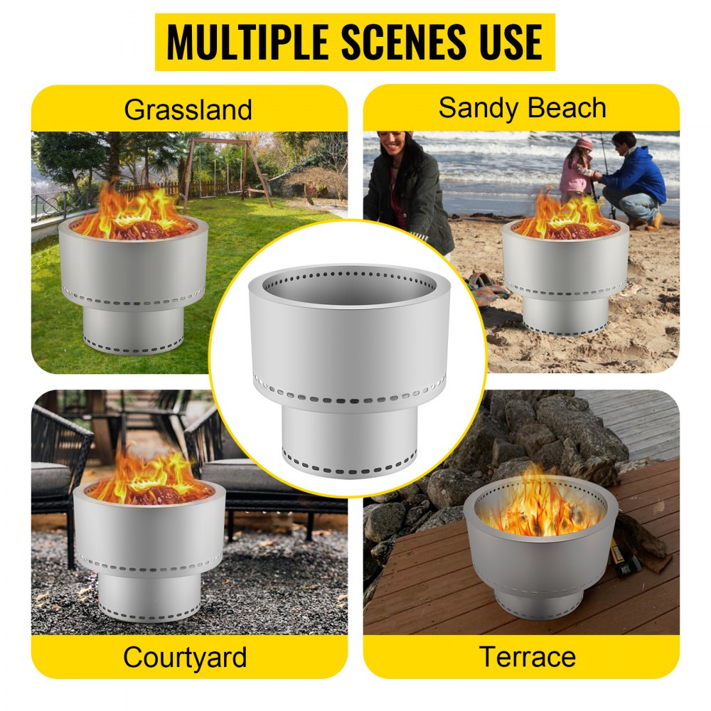 VEVOR Hoguera sin humo, estufa de acero inoxidable, hoguera grande de 20 pulgadas de diámetro para quemar madera, estufa al aire libre, hoguera, hoguera portátil sin humo para picnic, camping, patio trasero, color plateado