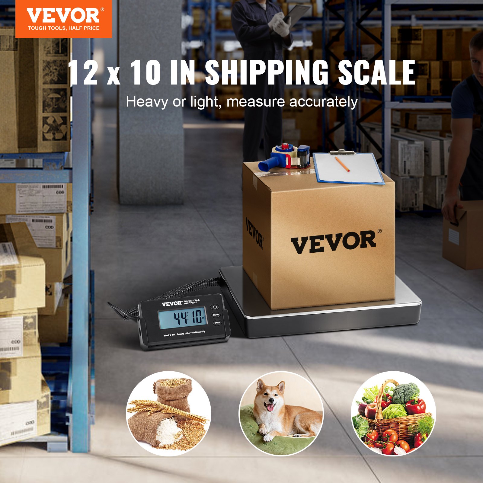 VEVOR Digital Shipping Scale, 440 lbs x 1.7 oz. Heavy Duty Postal Scale with Timer, Tare Function, HD LCD Screen Portable Package Scale for Luggage, Home, Post Office, AC/DC Powered, FCC Listed