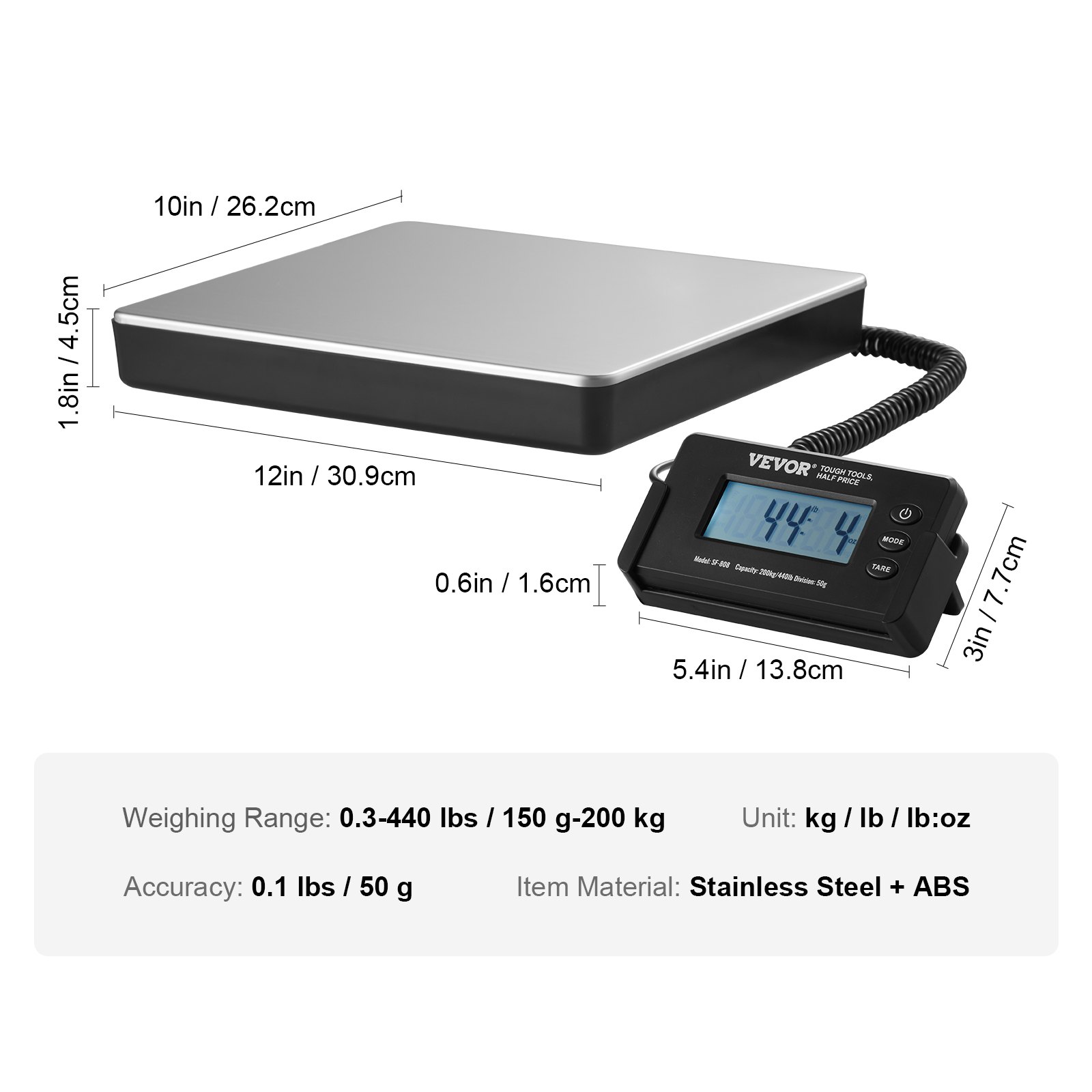 VEVOR Digital Shipping Scale, 440 lbs x 1.7 oz. Heavy Duty Postal Scale with Timer, Tare Function, HD LCD Screen Portable Package Scale for Luggage, Home, Post Office, AC/DC Powered, FCC Listed