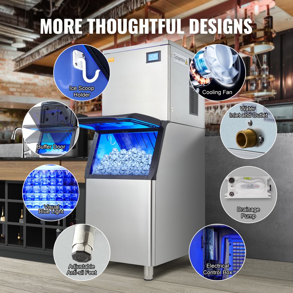 VEVOR Commercial Ice Maker, 400LBS/24H Ice Making Machine with 330.7LBS Large Storage Bin, 800W Auto Self-Cleaning Ice Maker Machine with 3.5-inch LED Screen for Business Bar