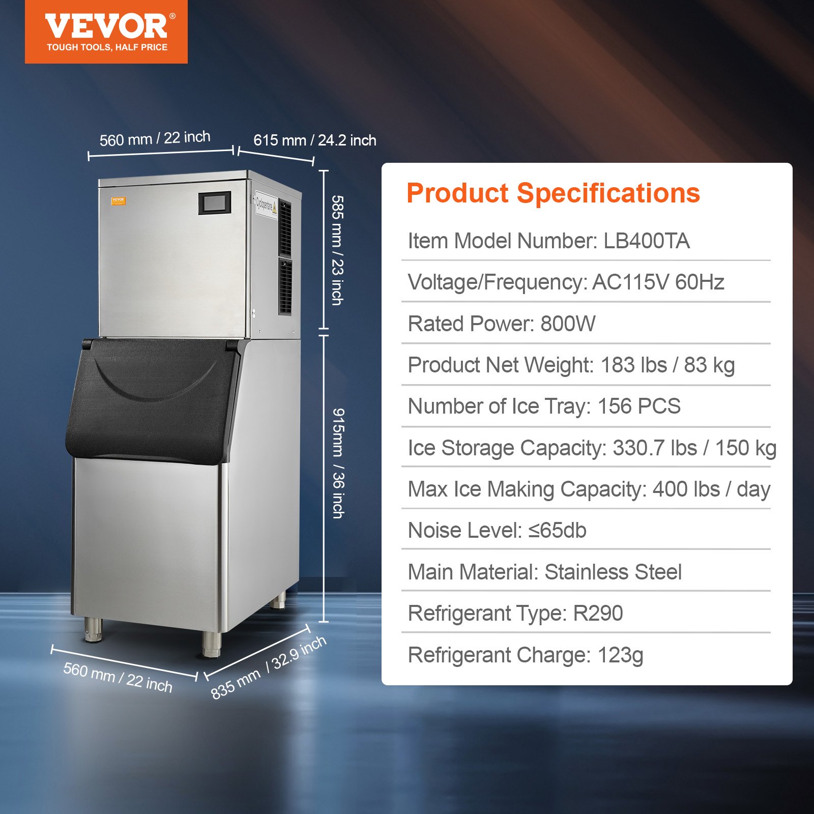 VEVOR Commercial Ice Maker, 400LBS/24H Ice Making Machine with 330.7LBS Large Storage Bin, 800W Auto Self-Cleaning Ice Maker Machine with 3.5-inch LED Screen for Business Bar