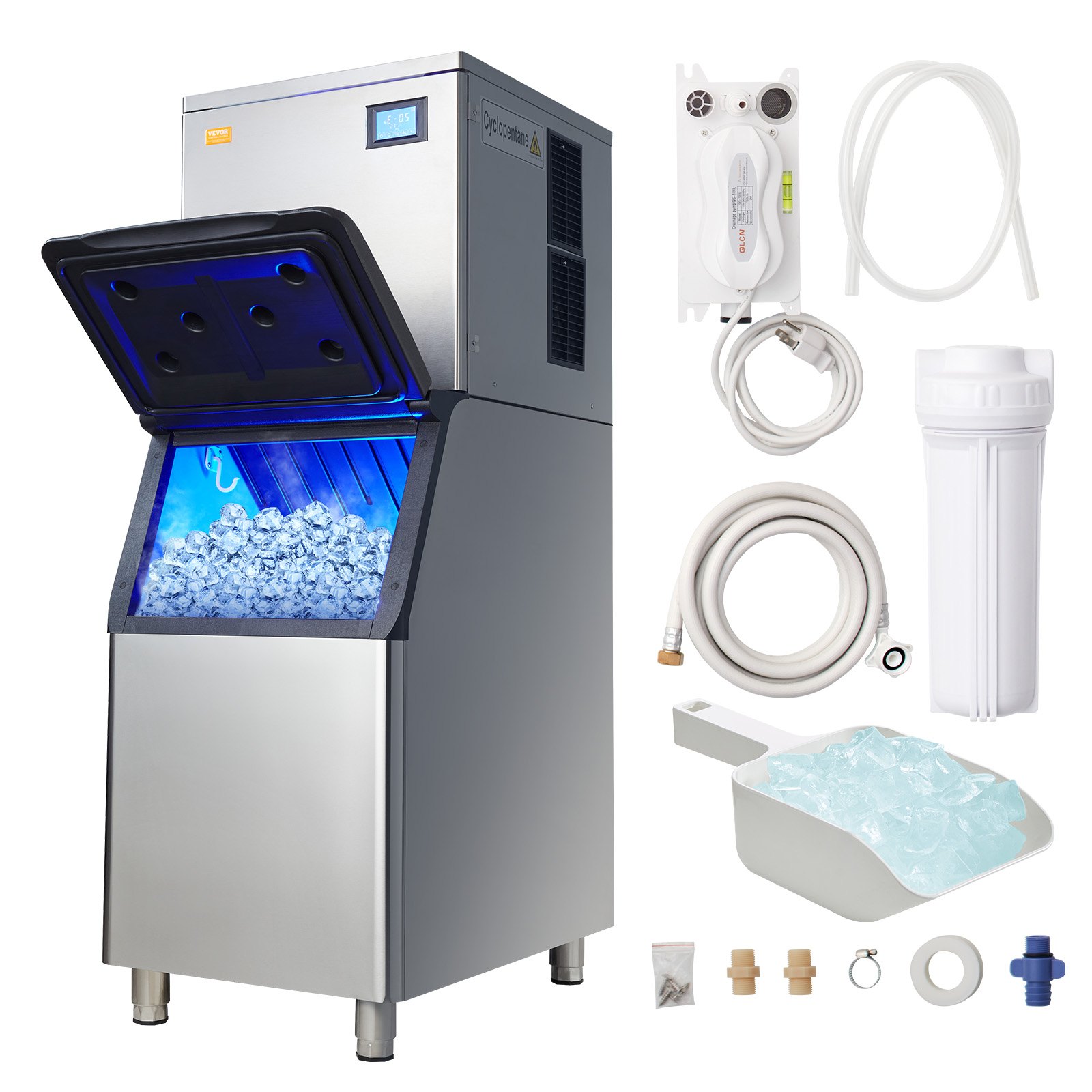 VEVOR Commercial Ice Maker, 400LBS/24H Ice Making Machine with 330.7LBS Large Storage Bin, 800W Auto Self-Cleaning Ice Maker Machine with 3.5-inch LED Screen for Business Bar