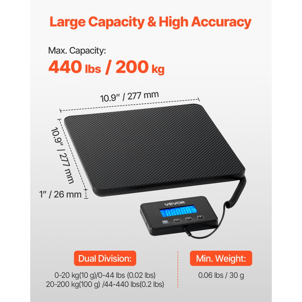 VEVOR Digital Postal Scale, 10 g/100 g Dual Accuracy, 200 kg Commercial Weight Scale with Hold/Tare Function & LCD Display, Fit for Packages, Postage, Luggage, Battery & Charging Cable Included