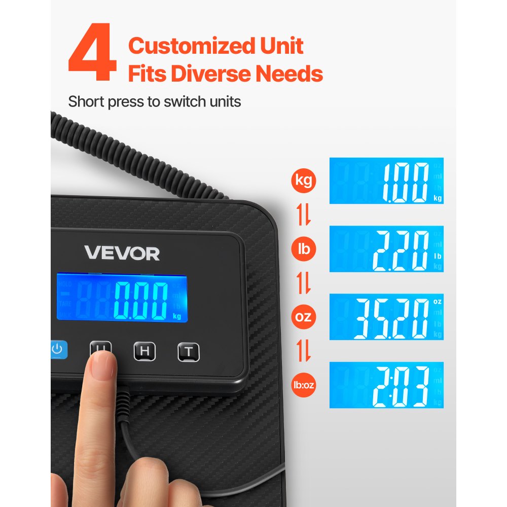 VEVOR Digital Postal Scale, 10 g/100 g Dual Accuracy, 200 kg Commercial Weight Scale with Hold/Tare Function & LCD Display, Fit for Packages, Postage, Luggage, Battery & Charging Cable Included