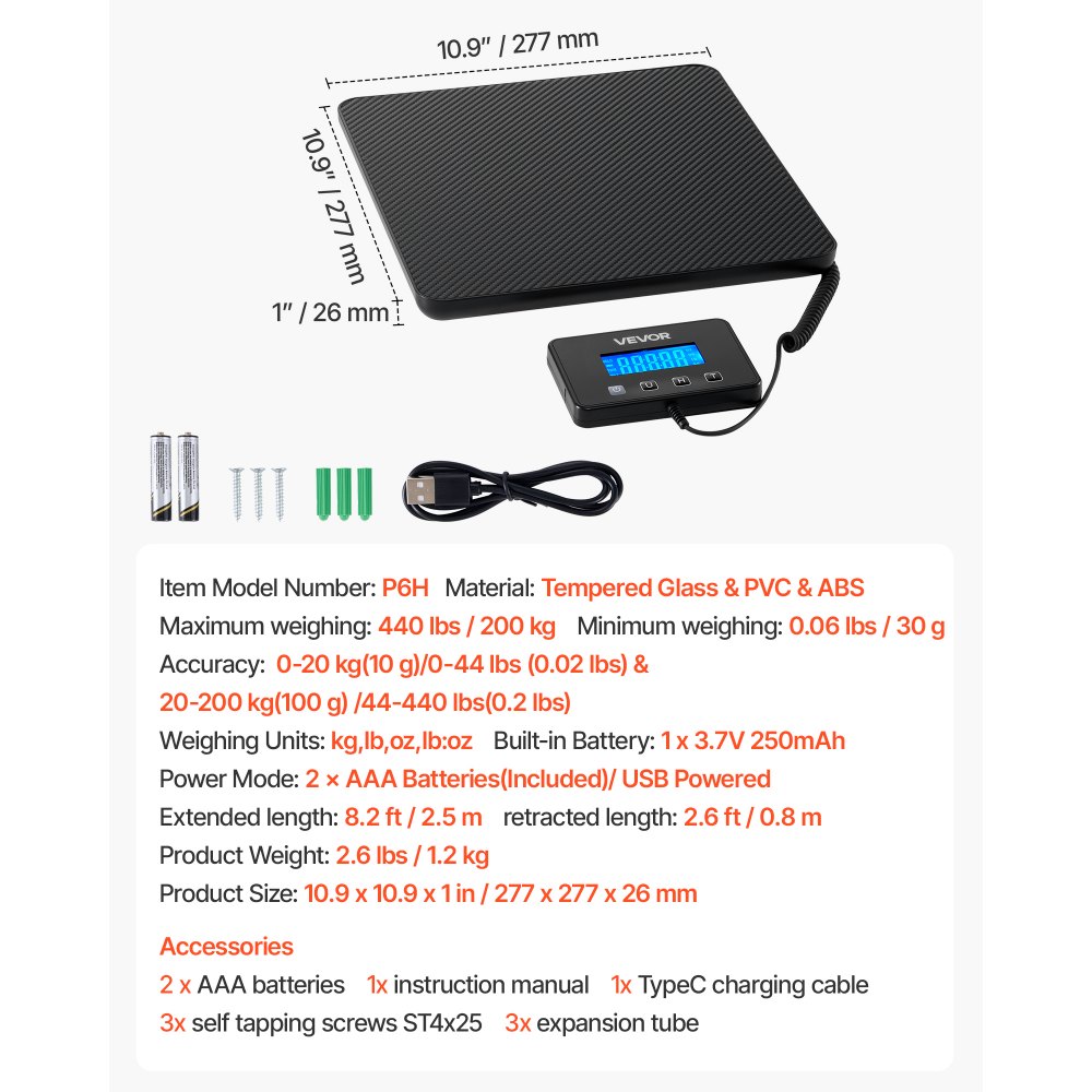 VEVOR Digital Postal Scale, 10 g/100 g Dual Accuracy, 200 kg Commercial Weight Scale with Hold/Tare Function & LCD Display, Fit for Packages, Postage, Luggage, Battery & Charging Cable Included