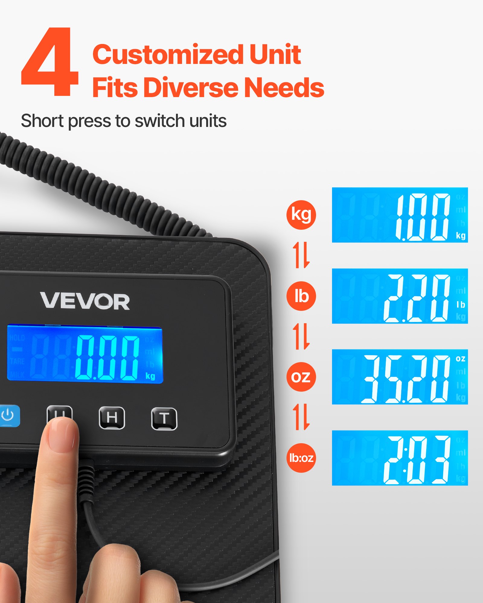 VEVOR Digital Postal Scale, 10 g/100 g Dual Accuracy, 200 kg Commercial Weight Scale with Hold/Tare Function & LCD Display, Fit for Packages, Postage, Luggage, Battery & Charging Cable Included