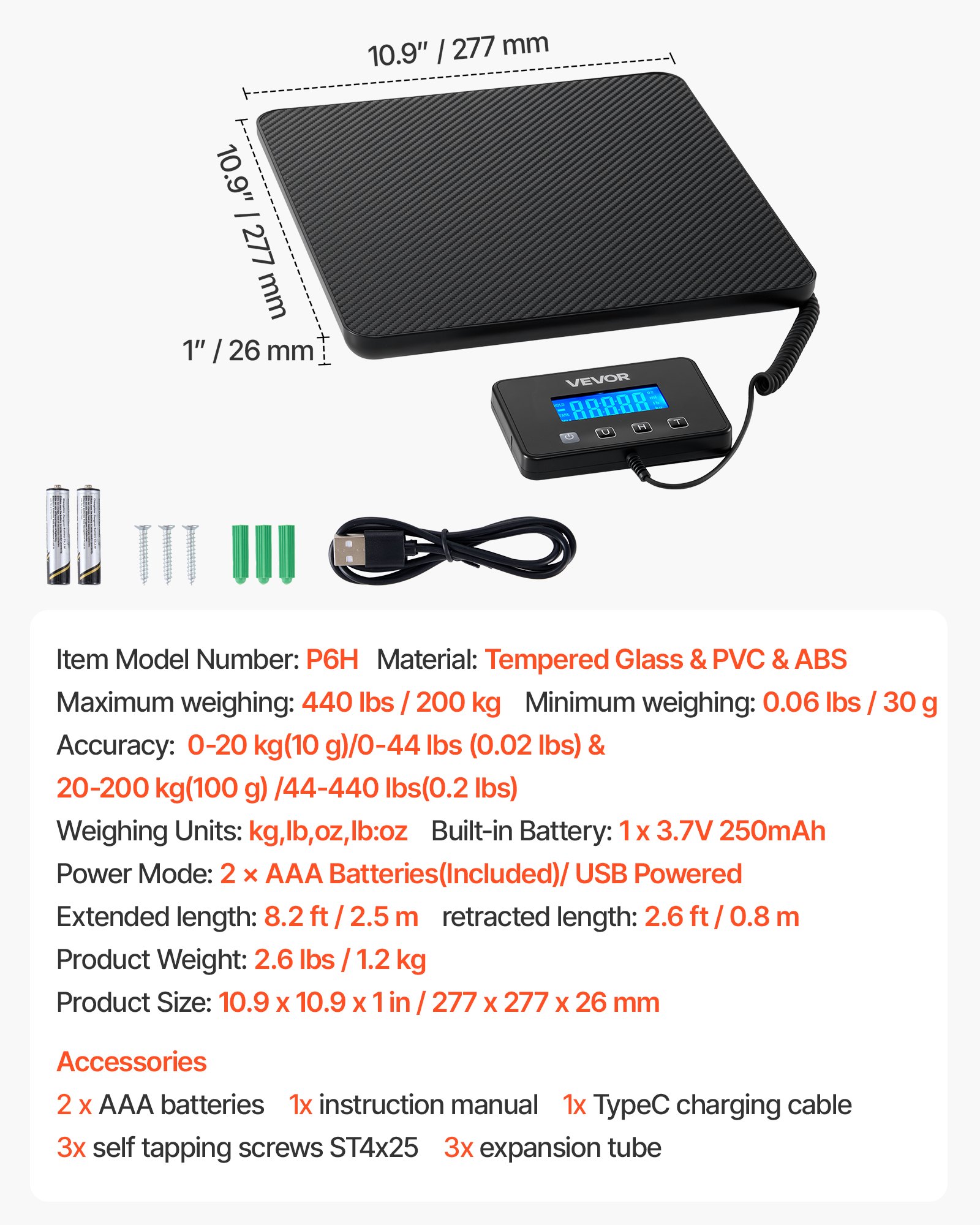VEVOR Digital Postal Scale, 10 g/100 g Dual Accuracy, 200 kg Commercial Weight Scale with Hold/Tare Function & LCD Display, Fit for Packages, Postage, Luggage, Battery & Charging Cable Included