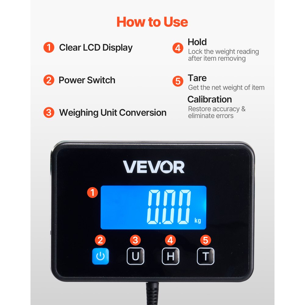VEVOR Digital Postal Scale, 20 g/100 g Dual Accuracy, 300 kg Commercial Weight Scale with Hold/Tare Function & LCD Display, Fit for Packages, Postage, Luggage, Battery & Charging Cable Included