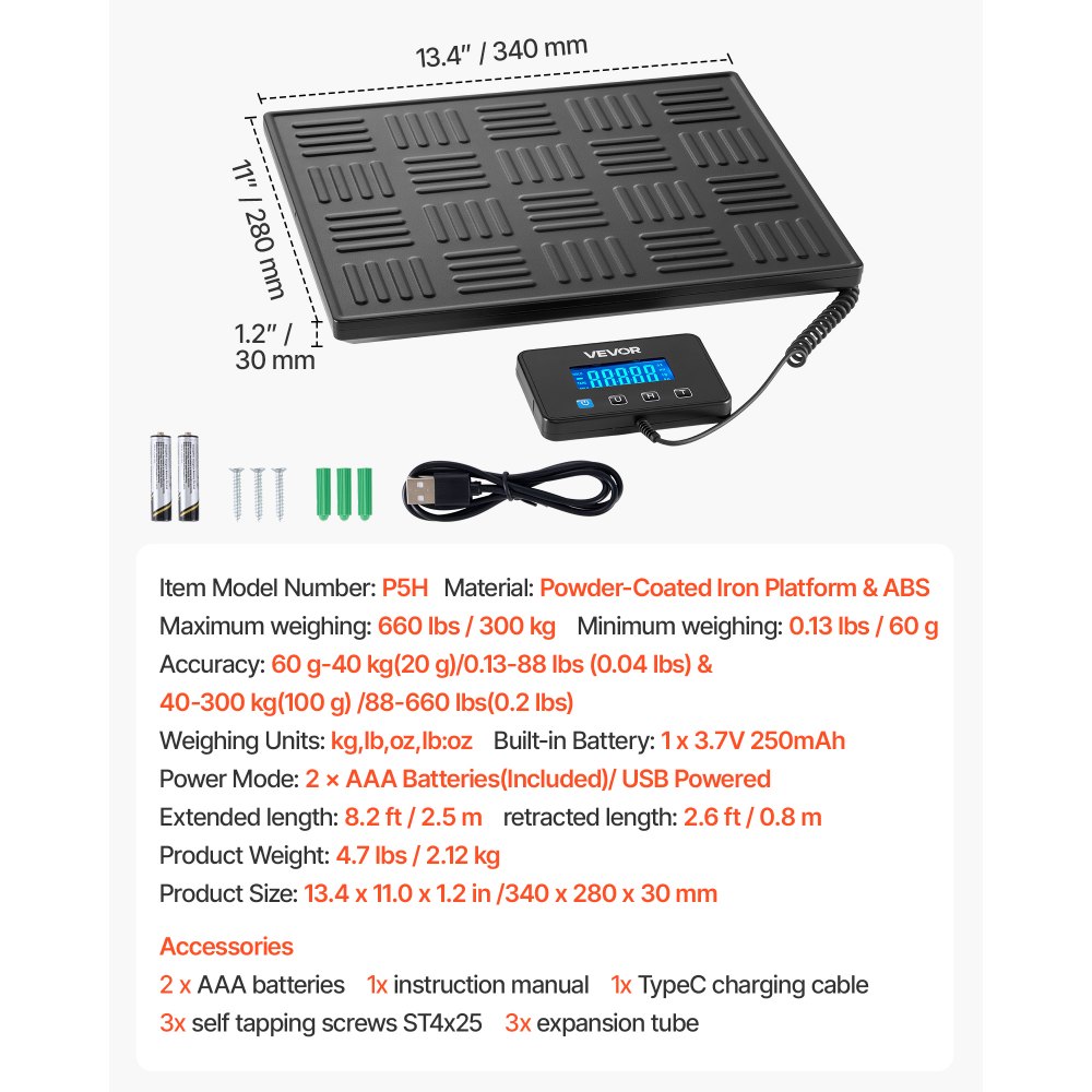 VEVOR Digital Postal Scale, 20 g/100 g Dual Accuracy, 300 kg Commercial Weight Scale with Hold/Tare Function & LCD Display, Fit for Packages, Postage, Luggage, Battery & Charging Cable Included