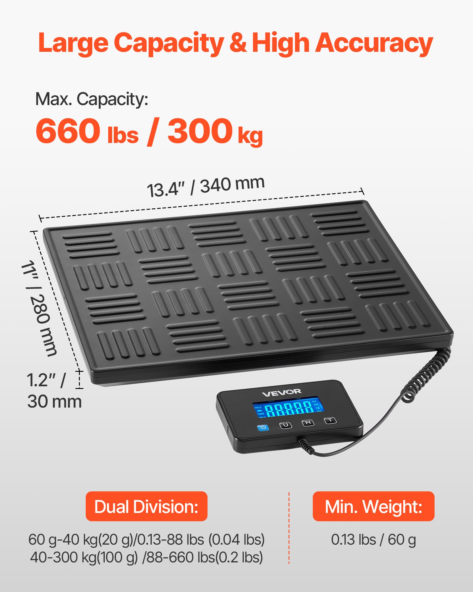 VEVOR Digital Postal Scale, 20 g/100 g Dual Accuracy, 300 kg Commercial Weight Scale with Hold/Tare Function & LCD Display, Fit for Packages, Postage, Luggage, Battery & Charging Cable Included