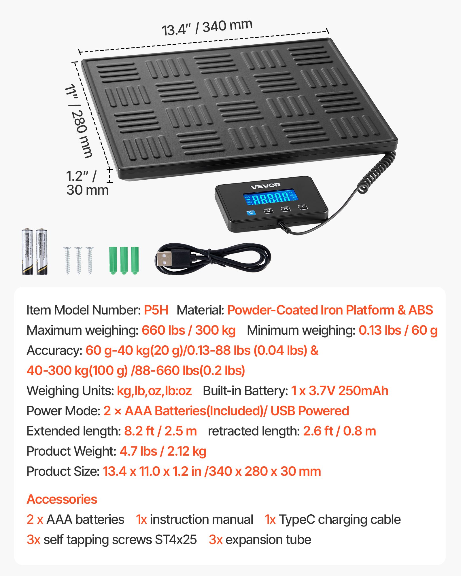 VEVOR Digital Postal Scale, 20 g/100 g Dual Accuracy, 300 kg Commercial Weight Scale with Hold/Tare Function & LCD Display, Fit for Packages, Postage, Luggage, Battery & Charging Cable Included