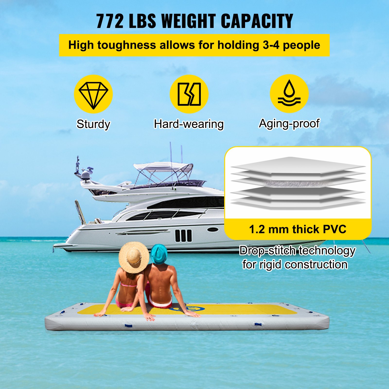 VEVOR Inflatable Dock Floating Platform, 8 x 6 ft, 3-4 Person Capacity, 6 inches Thick, Swim Dock with Hand Pump, Electric Air Pump & Storage Bag, Drop Stitch PVC Non-Slip Raft for Pool Beach Ocean