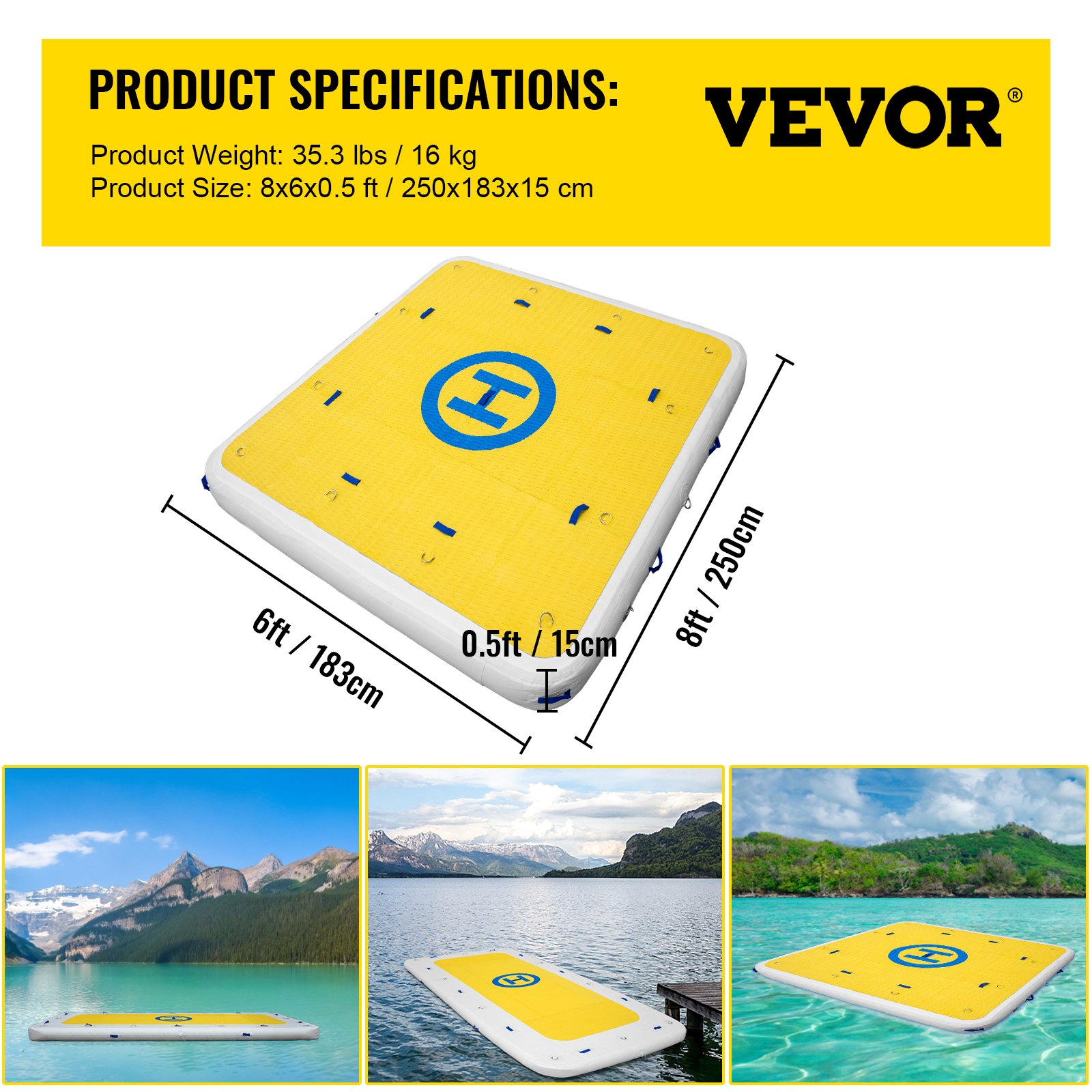 VEVOR Inflatable Dock Floating Platform, 8 x 6 ft, 3-4 Person Capacity, 6 inches Thick, Swim Dock with Hand Pump, Electric Air Pump & Storage Bag, Drop Stitch PVC Non-Slip Raft for Pool Beach Ocean