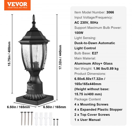 MYHXQ 3-Light Dusk-to-Dawn Post Lantern – Outdoor Waterproof Pillar Lamp, Hardwired, E12 Base (Base Not Included)
