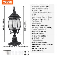 VEVOR 2 PCs Dusk to Dawn Outdoor Lamp Post Light Fixture 530 mm Pole Pier Mount