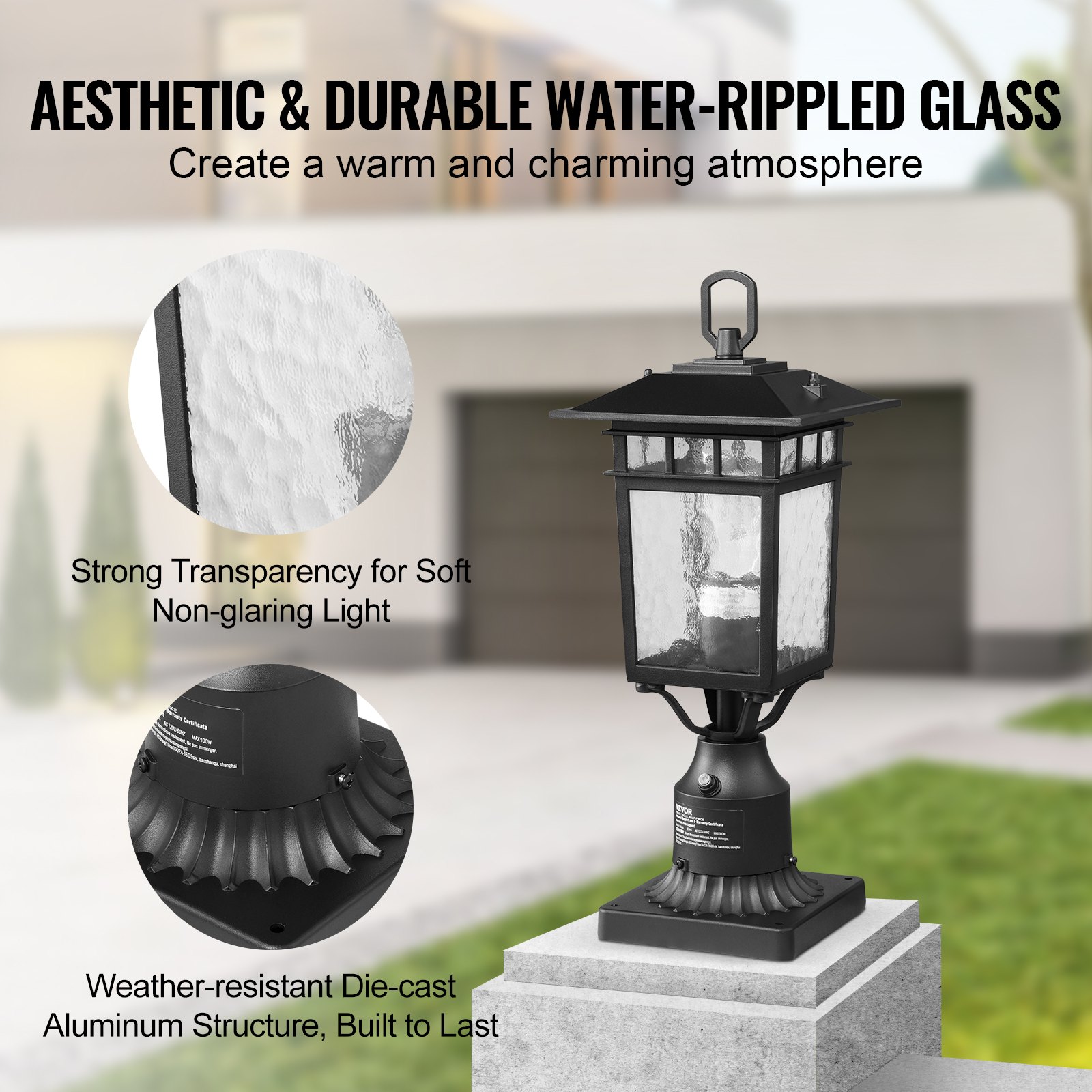 VEVOR 2 Pack Dusk to Dawn Outdoor Post Light, 15.75 in, Waterproof Lamp Post Light Fixtures with 5.5 in Pier Mount Base Glass Shade, Lightning-proof Exterior Pole Column Light for Patio Garden Pathway