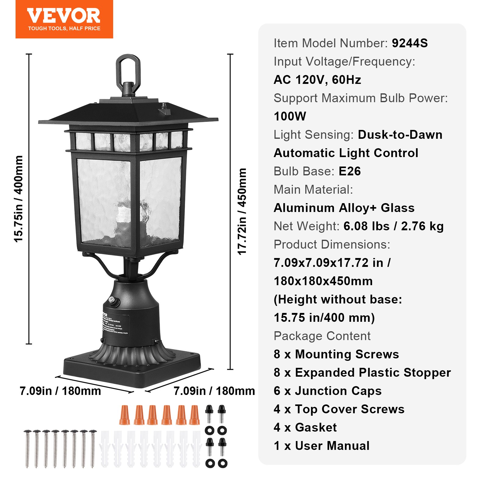 VEVOR 2 Pack Dusk to Dawn Outdoor Post Light, 15.75 in, Waterproof Lamp Post Light Fixtures with 5.5 in Pier Mount Base Glass Shade, Lightning-proof Exterior Pole Column Light for Patio Garden Pathway