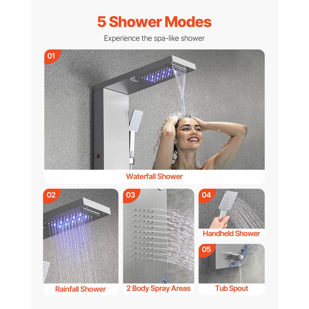 VEVOR Shower Panel Tower System with Rainfall Waterfall Shower Head, LED, 53 in Brushed Stainless Steel Shower Column, 5-Function Faucet, Wall-Mount Rain Massage System, with Handheld, Tub Spout